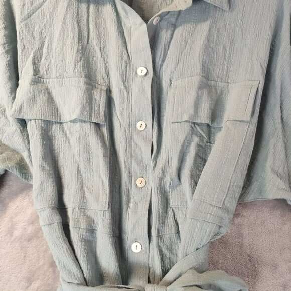 Womens Gauze Button Front Tie Waist Romper M Blue Roll Tab Sleeve Boho Casual - Picture 6 of 12